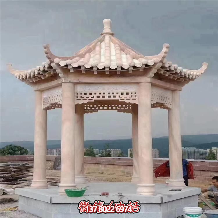 大理石晚霞红雕刻古建筑六角凉亭园林摆件