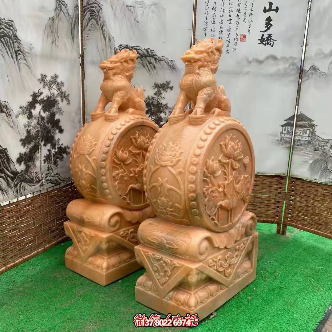 麒麟抱鼓石，晚霞红荷花门墩