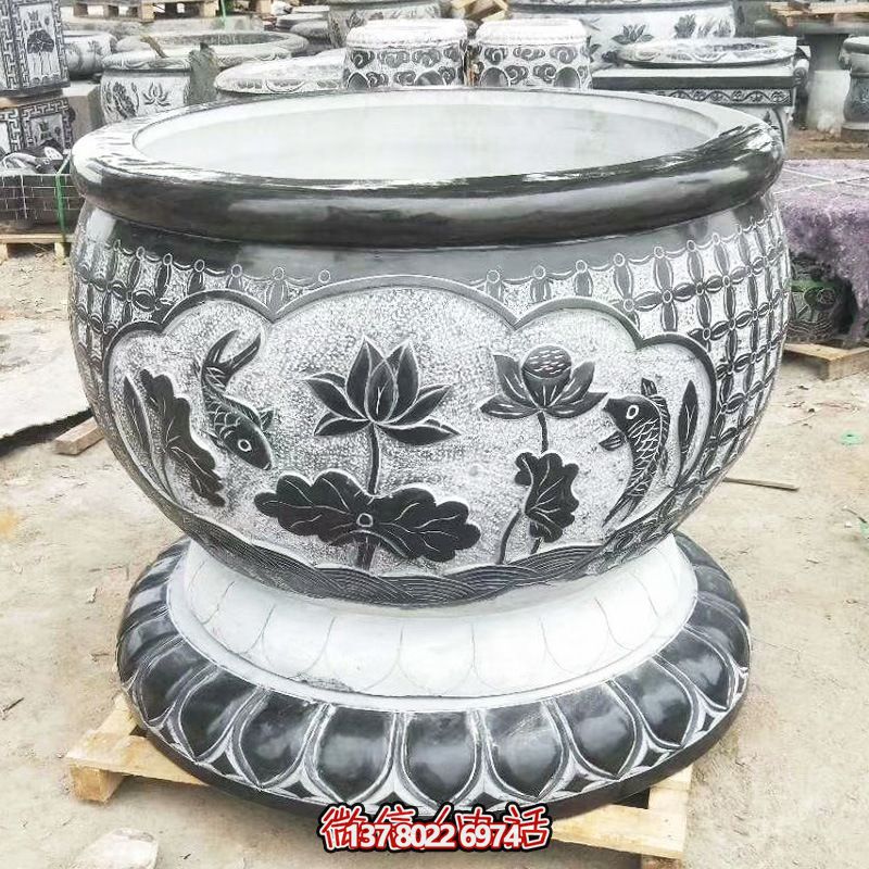 景区大型青石浮雕荷花庭院别墅招财缸雕塑