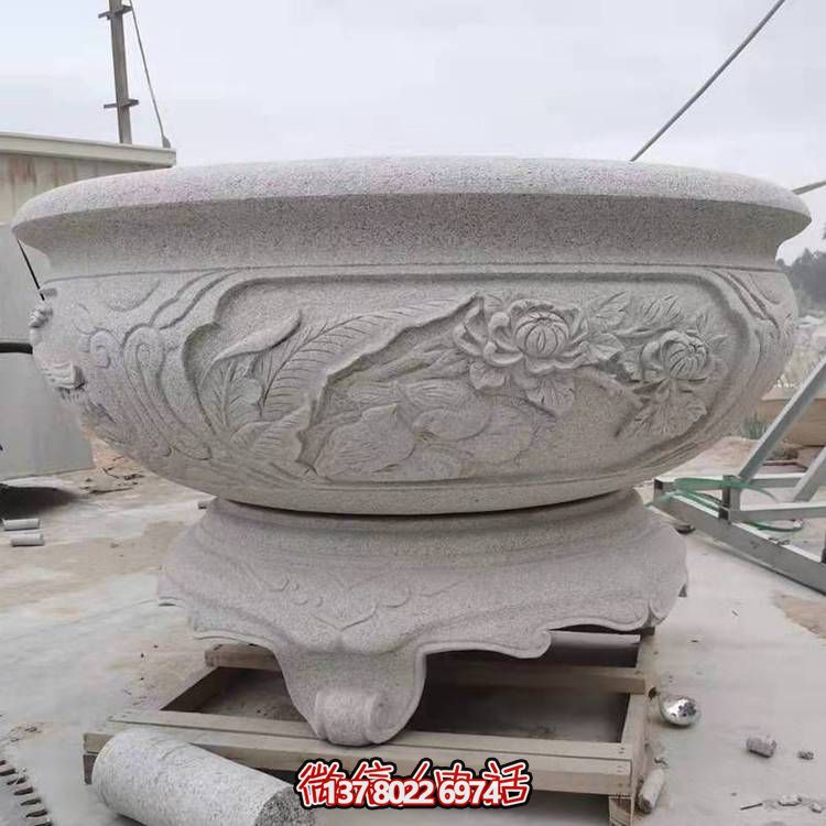 庭院花岗岩圆形浮雕花开富贵花钵花盆