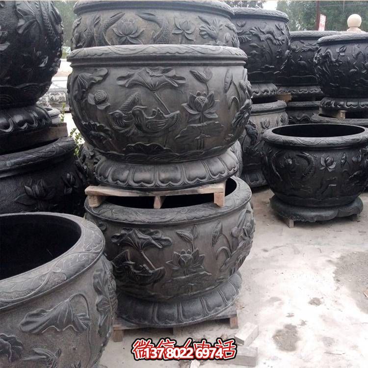 大理石雕刻荷花仿古养鱼水缸庭院装饰摆件