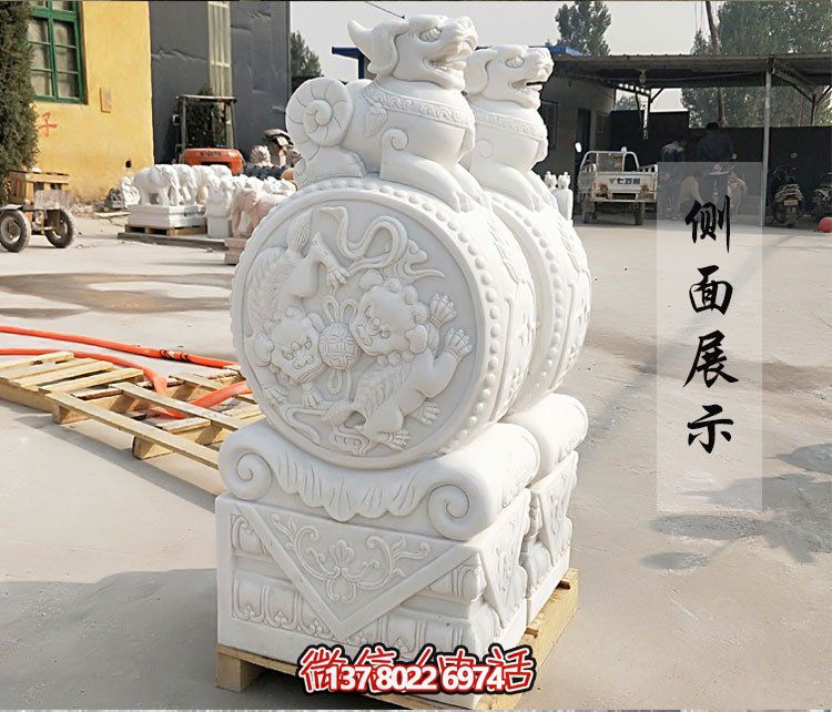 汉白玉天然石材雕刻麒麟抱鼓石别墅招财门墩