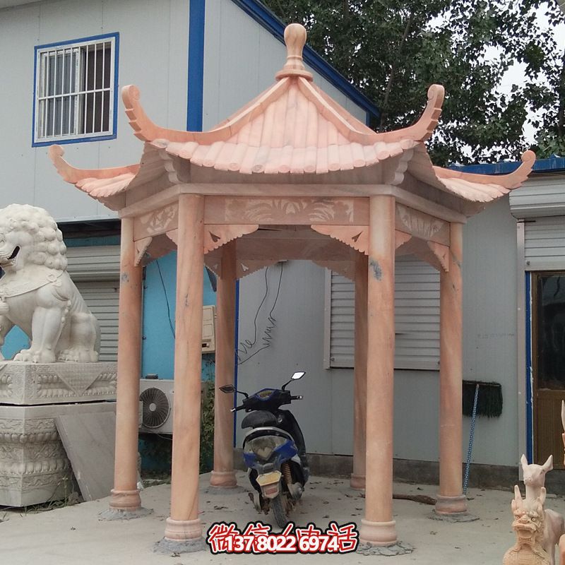 花园草坪摆放大理石晚霞红六角仿古建凉亭