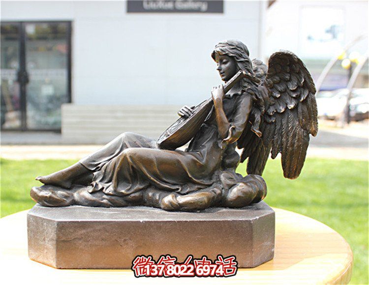 黄铜铸造西方天使弹琵琶少女人物雕塑小区花园小品