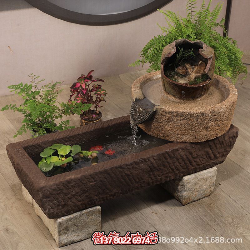 石槽马槽石磨鱼缸花盆庭院景观家用户外流水组合石雕摆件_5280