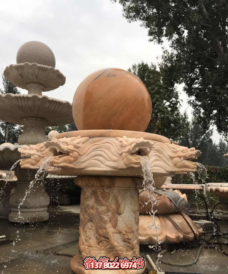 小区企业晚霞红龙头浮雕风水球石雕