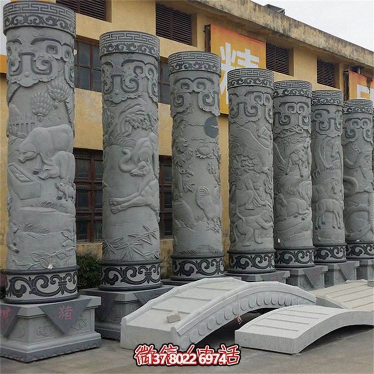 大理石青石浮雕十二生肖动物石柱广场石雕摆件