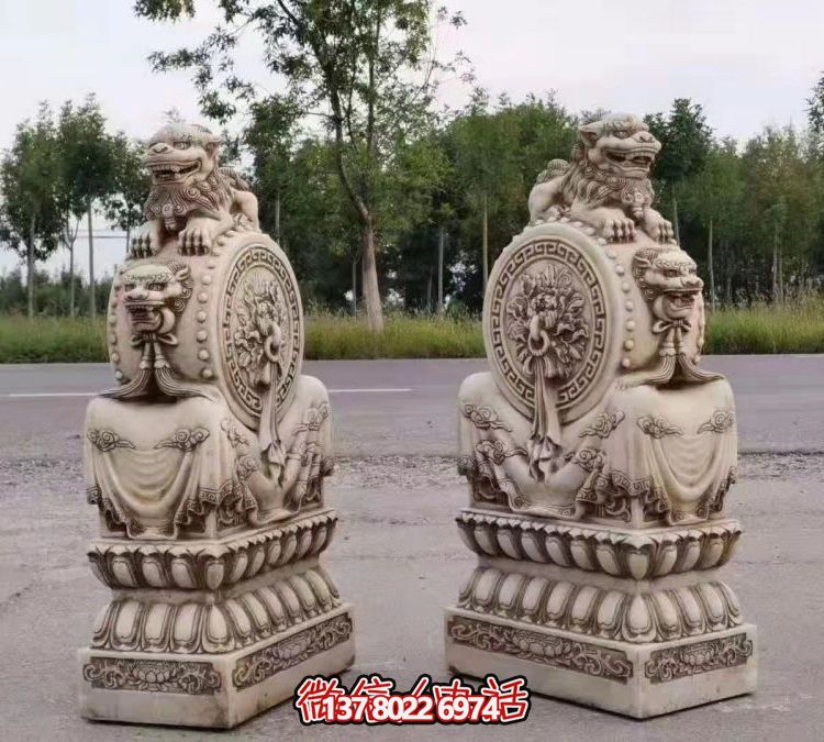 大理石石雕园林浮雕狮子门墩抱鼓石摆件