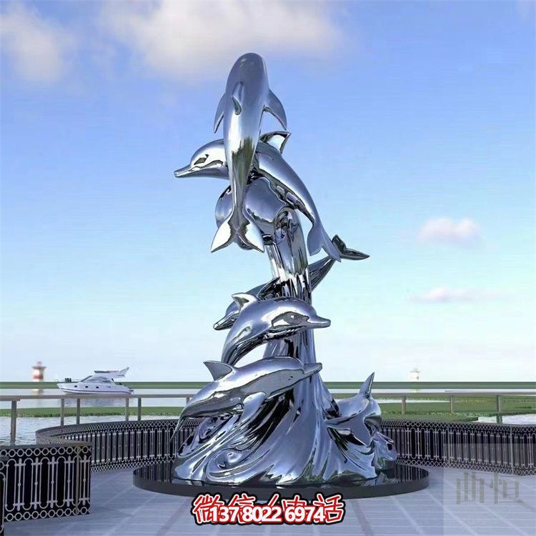 广场大型不锈钢镜面创意海豚景观摆件