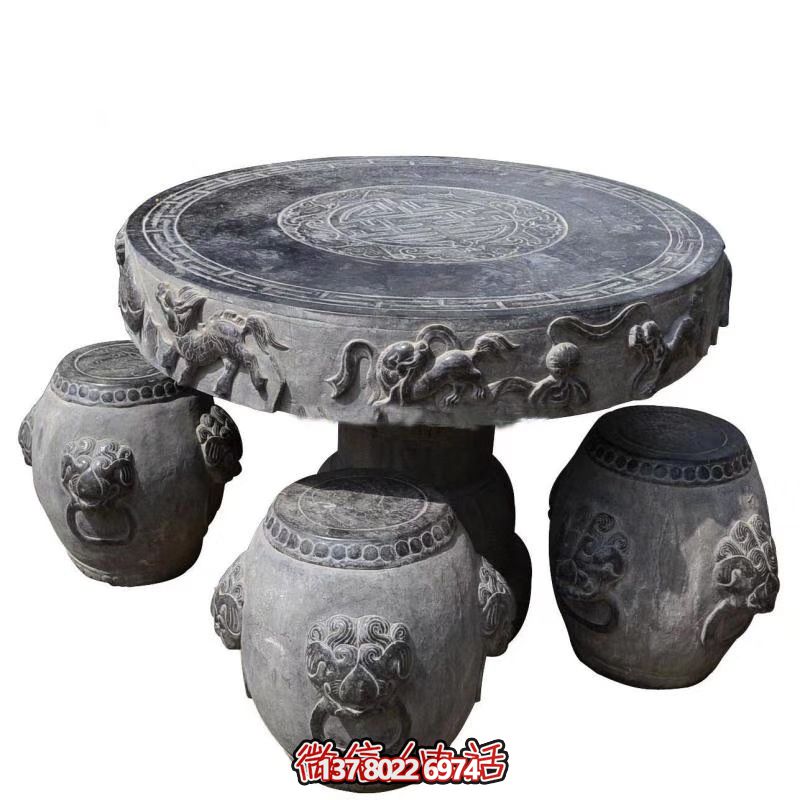 别墅摆放青石防旧雕刻狮子圆桌石凳