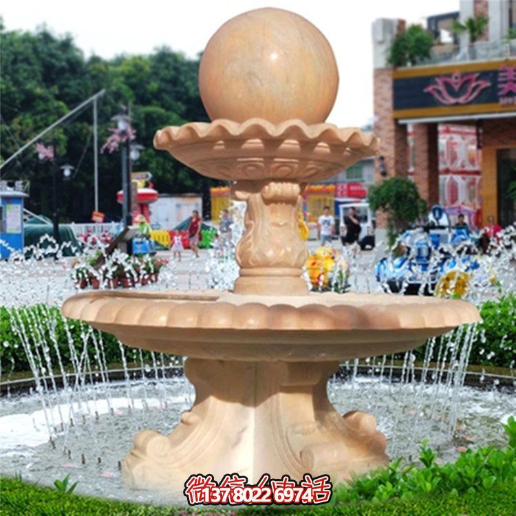 庭院别墅小型晚霞红风水球石雕喷泉