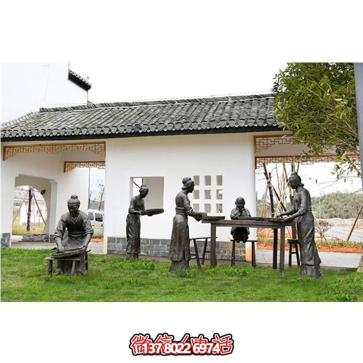 园林户外景观茶文化玻璃钢仿铜洗茶晒茶的人物景观