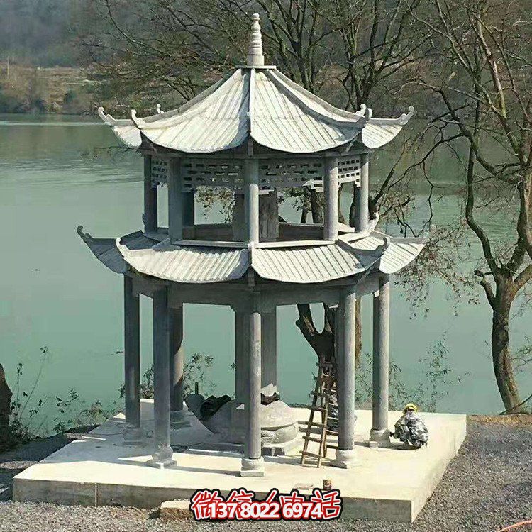 景区湖边摆放青石仿古建筑中式双层凉亭