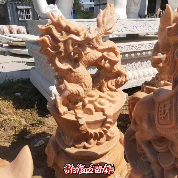 店铺开业摆放天然晚霞红石雕麒麟招财进宝雕塑