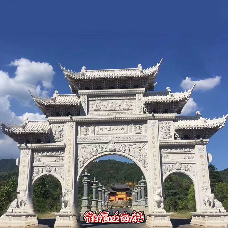 大型汉白玉寺院景区三门石雕牌楼