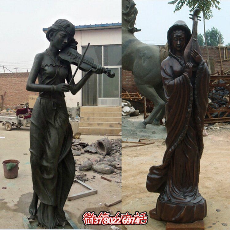 校园广场摆放玻璃钢仿铜拿乐器仕女人像雕塑