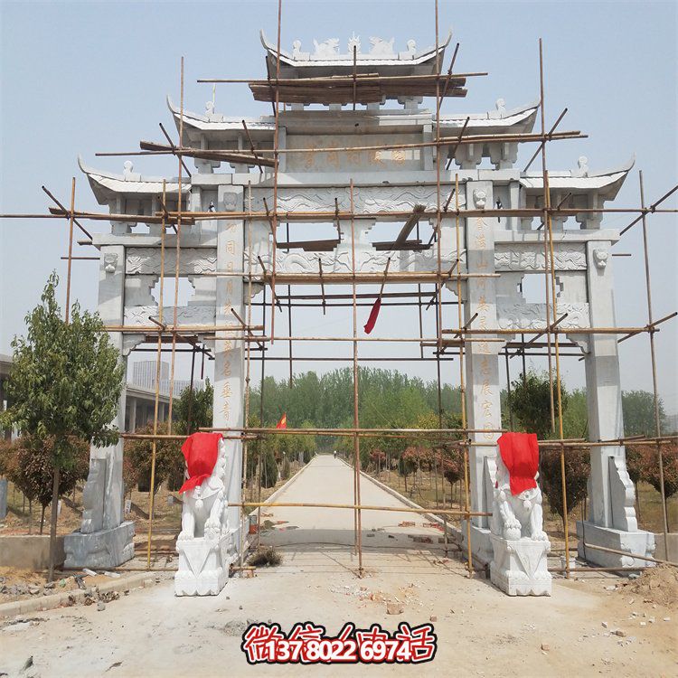 村口装饰大理石浮雕三门石牌坊雕塑