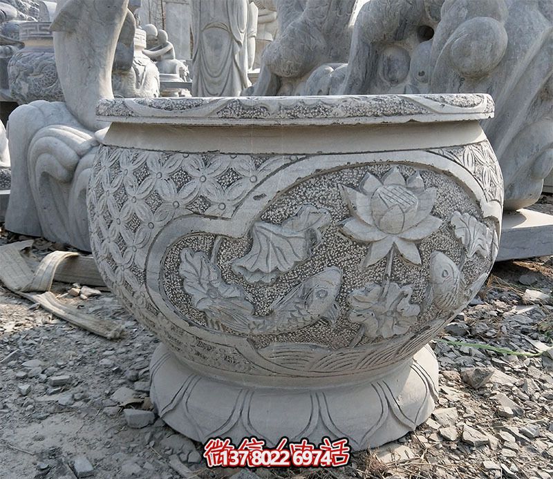 庭院仿古水缸景观石雕荷花缸雕塑
