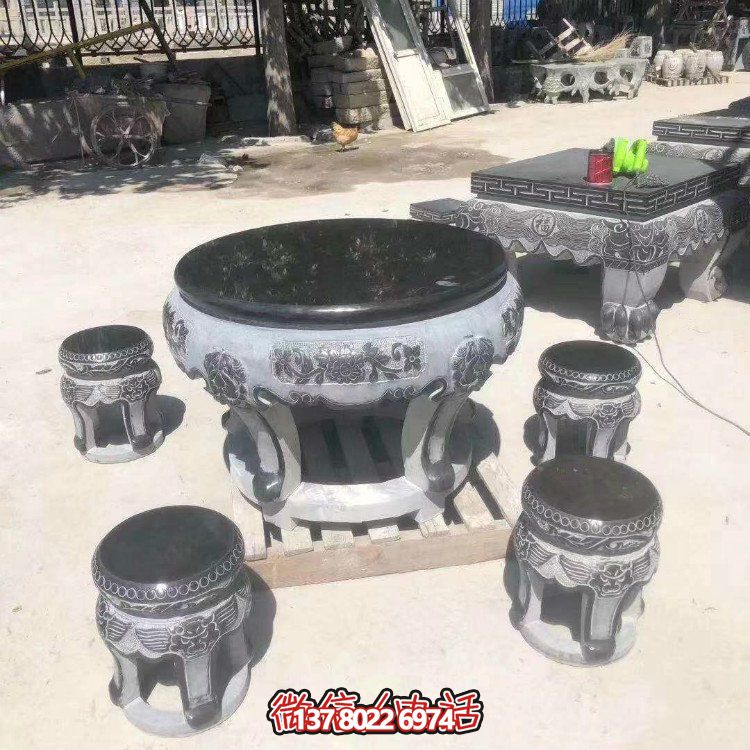 青石雕刻复古圆形家用户外摆放中式石桌凳