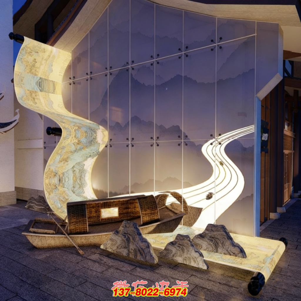 《丝路舟行》石雕与不锈钢结合景观雕塑
