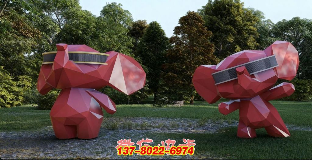 林间趣遇：不锈钢卡通红象的景观欢乐剧场