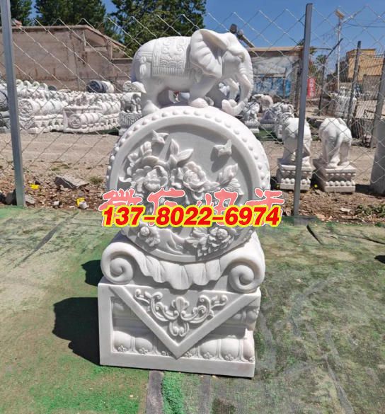 汉白玉象驮富贵牡丹石雕门墩景观雕塑