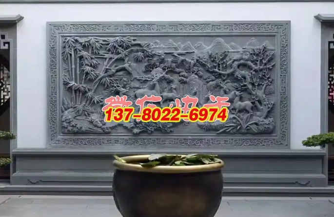 松竹福禄群鹿呈祥山水浮雕影壁